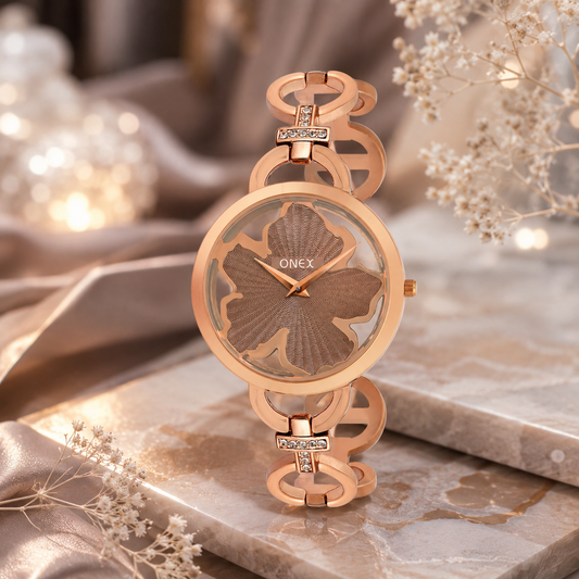 ONEX Rose Gold Women’s Bracelet Watch with Light Brown Textured Dial & Crystal Accents