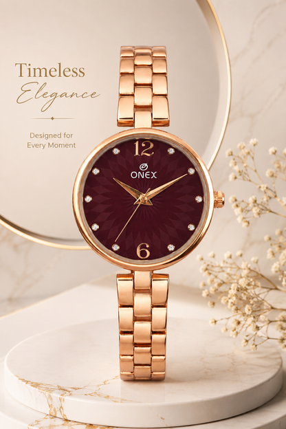 ONEX Women’s RoseGold-Tone Designer Bracelet Watch with Crystal Studded Dial Brown
