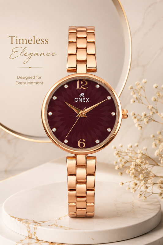 ONEX Women’s RoseGold-Tone Designer Bracelet Watch with Crystal Studded Dial Brown