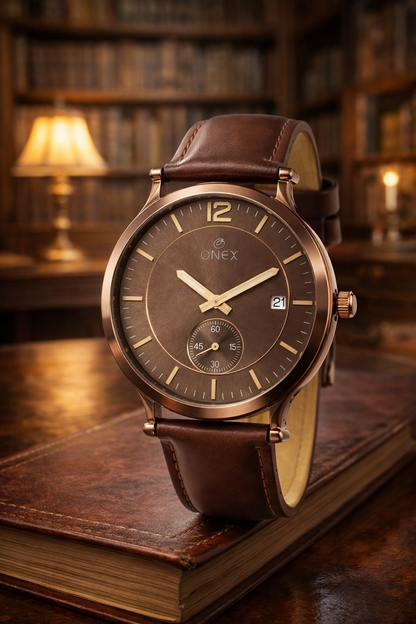 ONEX Men's Analog Watch | Brown Dial with Rose Gold Case | Brown Leather Strap | Date Display | Premium Quartz Watch for Men