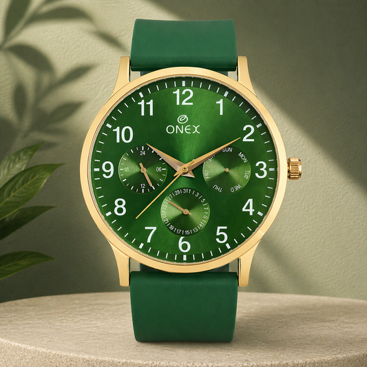 ONEX Men's Multifunction Analog Watch | Green Dial with Day-Date Display | Green Silicone Strap | Stylish Casual & Formal Wrist Watch for Men