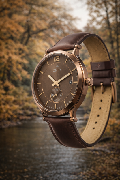 ONEX Men's Analog Watch | Brown Dial with Rose Gold Case | Brown Leather Strap | Date Display | Premium Quartz Watch for Men