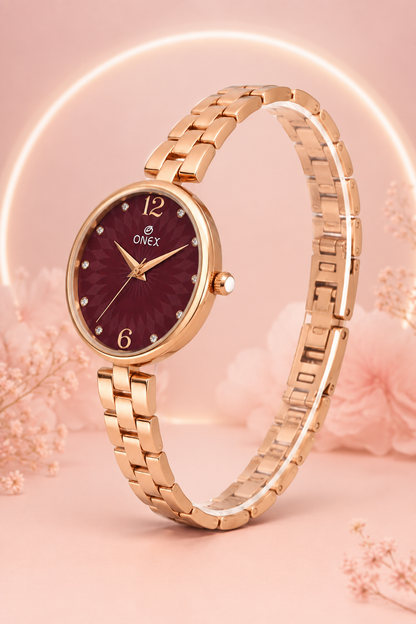 ONEX Women’s RoseGold-Tone Designer Bracelet Watch with Crystal Studded Dial Brown