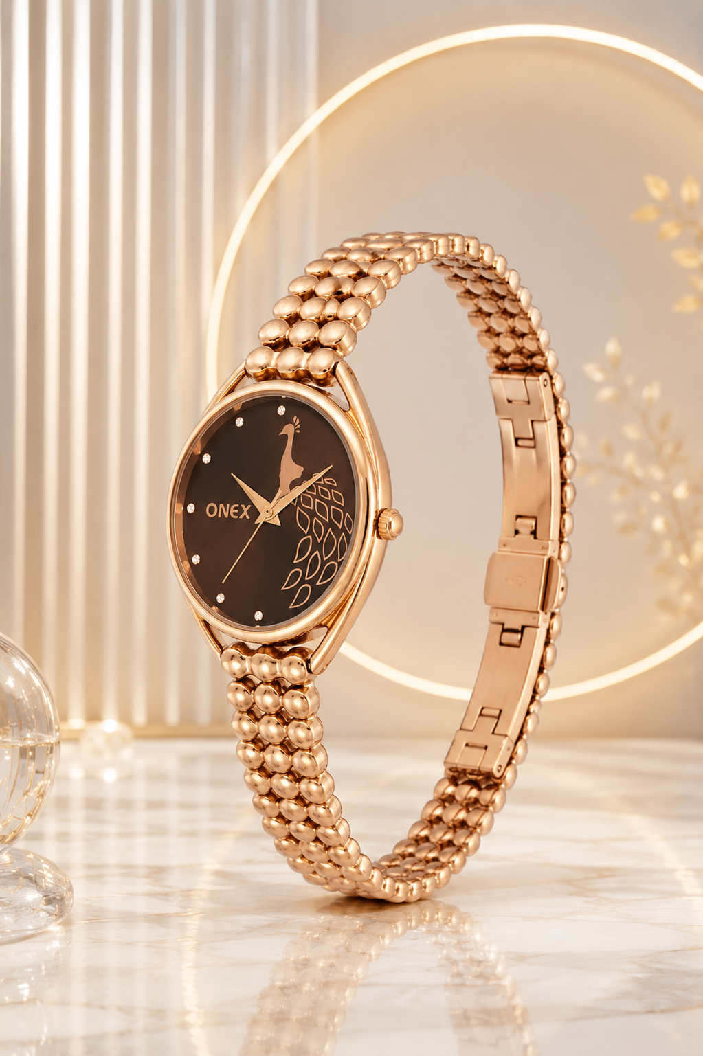 ONEX Elegant Rose Gold Bracelet Watch for Women | Stylish Brown Dial Analog Watch | Party & Daily Wear