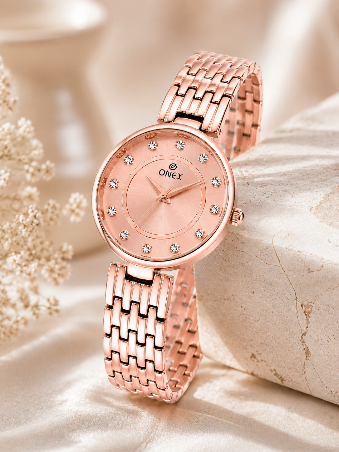 Onex Women’s Rose Gold Analog Watch with Crystal Studded Dial & Stainless Steel Bracelet