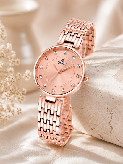 Onex Women’s Rose Gold Analog Watch with Crystal Studded Dial & Stainless Steel Bracelet