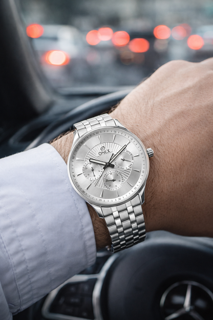ONEX Men's Premium Multifunction Analog Watch for Men | Silver Sunray Dial | Silver Stainless Steel Bracelet | Quartz Movement | Stylish Casual & Formal Wrist Watch