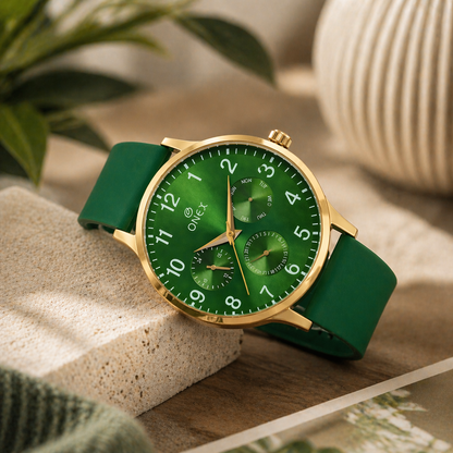 ONEX Men's Multifunction Analog Watch | Green Dial with Day-Date Display | Green Silicone Strap | Stylish Casual & Formal Wrist Watch for Men