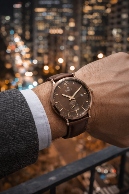 ONEX Men's Analog Watch | Brown Dial with Rose Gold Case | Brown Leather Strap | Date Display | Premium Quartz Watch for Men
