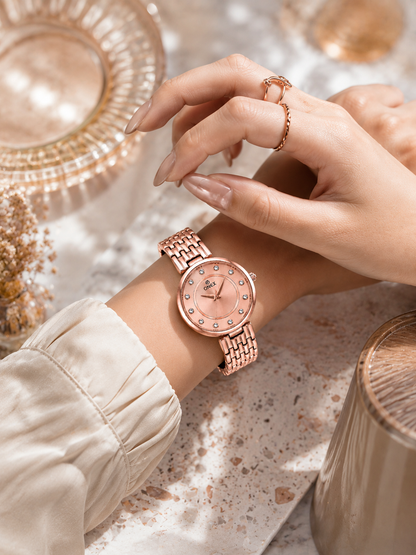 Onex Women’s Rose Gold Analog Watch with Crystal Studded Dial & Stainless Steel Bracelet