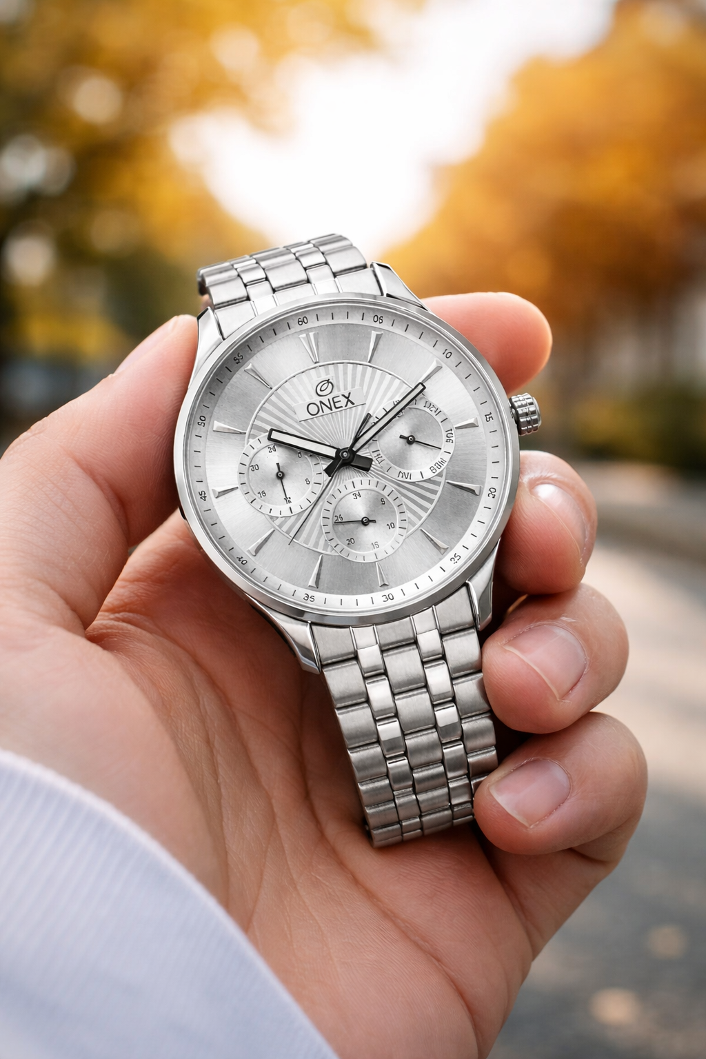 ONEX Men's Premium Multifunction Analog Watch for Men | Silver Sunray Dial | Silver Stainless Steel Bracelet | Quartz Movement | Stylish Casual & Formal Wrist Watch