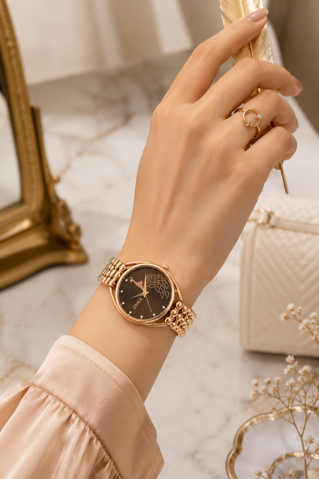 ONEX Elegant Rose Gold Bracelet Watch for Women | Stylish Brown Dial Analog Watch | Party & Daily Wear