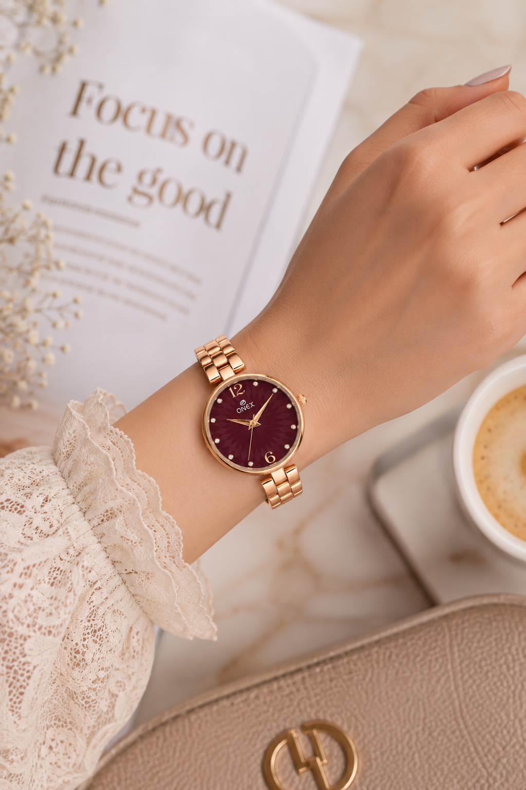 ONEX Women’s RoseGold-Tone Designer Bracelet Watch with Crystal Studded Dial Brown