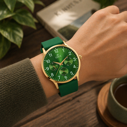 ONEX Men's Multifunction Analog Watch | Green Dial with Day-Date Display | Green Silicone Strap | Stylish Casual & Formal Wrist Watch for Men