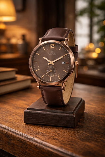 ONEX Men's Analog Watch | Brown Dial with Rose Gold Case | Brown Leather Strap | Date Display | Premium Quartz Watch for Men
