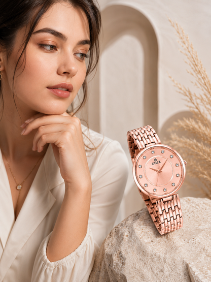 Onex Women’s Rose Gold Analog Watch with Crystal Studded Dial & Stainless Steel Bracelet