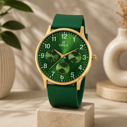 ONEX Men's Multifunction Analog Watch | Green Dial with Day-Date Display | Green Silicone Strap | Stylish Casual & Formal Wrist Watch for Men