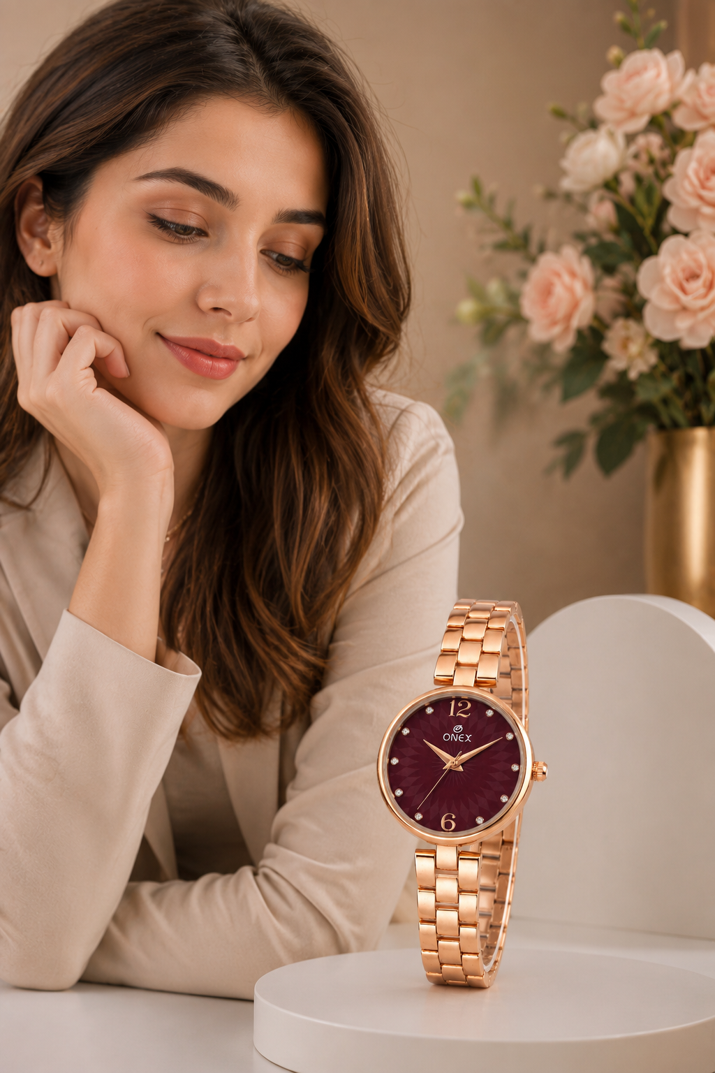 ONEX Women’s RoseGold-Tone Designer Bracelet Watch with Crystal Studded Dial Brown