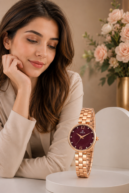 ONEX Women’s RoseGold-Tone Designer Bracelet Watch with Crystal Studded Dial Brown