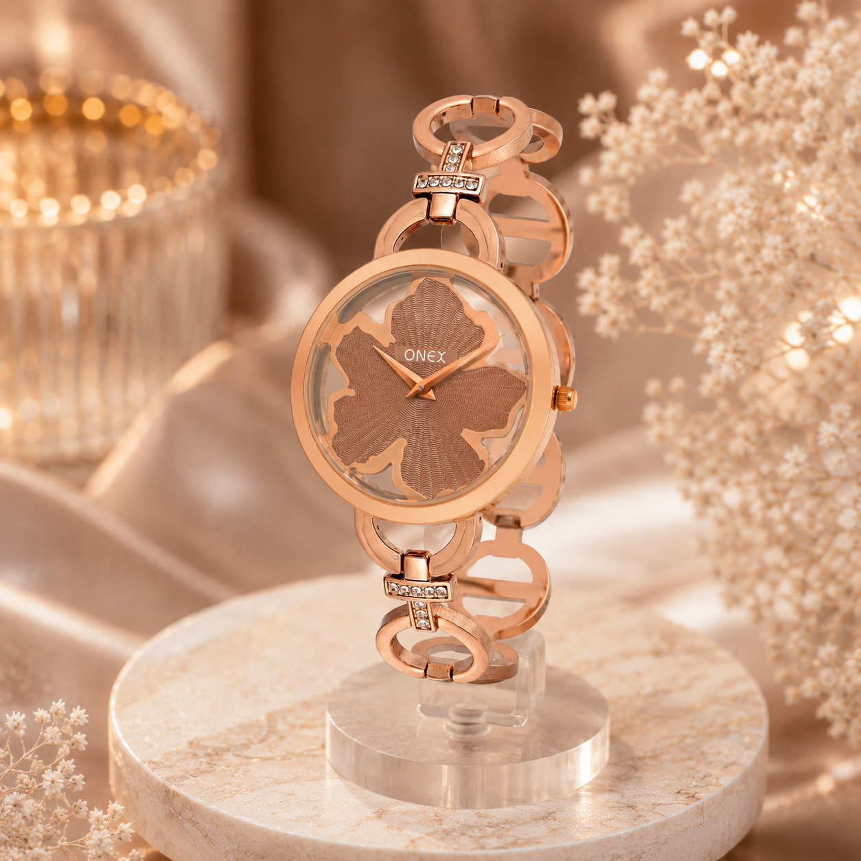 ONEX Rose Gold Women’s Bracelet Watch with Light Brown Textured Dial & Crystal Accents