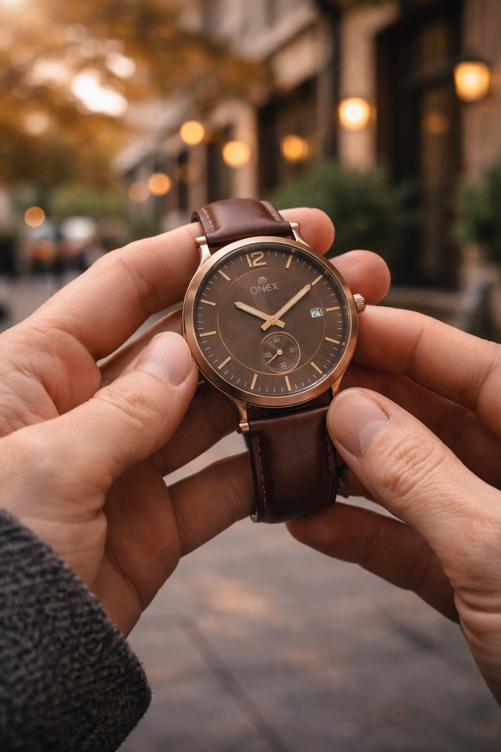 ONEX Men's Analog Watch | Brown Dial with Rose Gold Case | Brown Leather Strap | Date Display | Premium Quartz Watch for Men