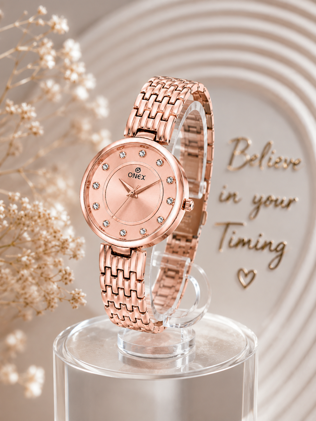 Onex Women’s Rose Gold Analog Watch with Crystal Studded Dial & Stainless Steel Bracelet