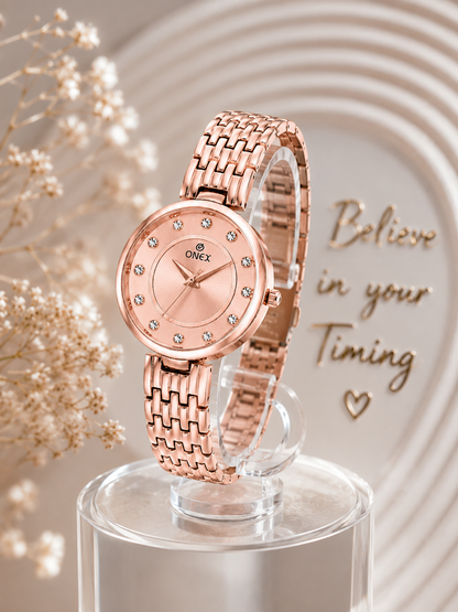 Onex Women’s Rose Gold Analog Watch with Crystal Studded Dial & Stainless Steel Bracelet