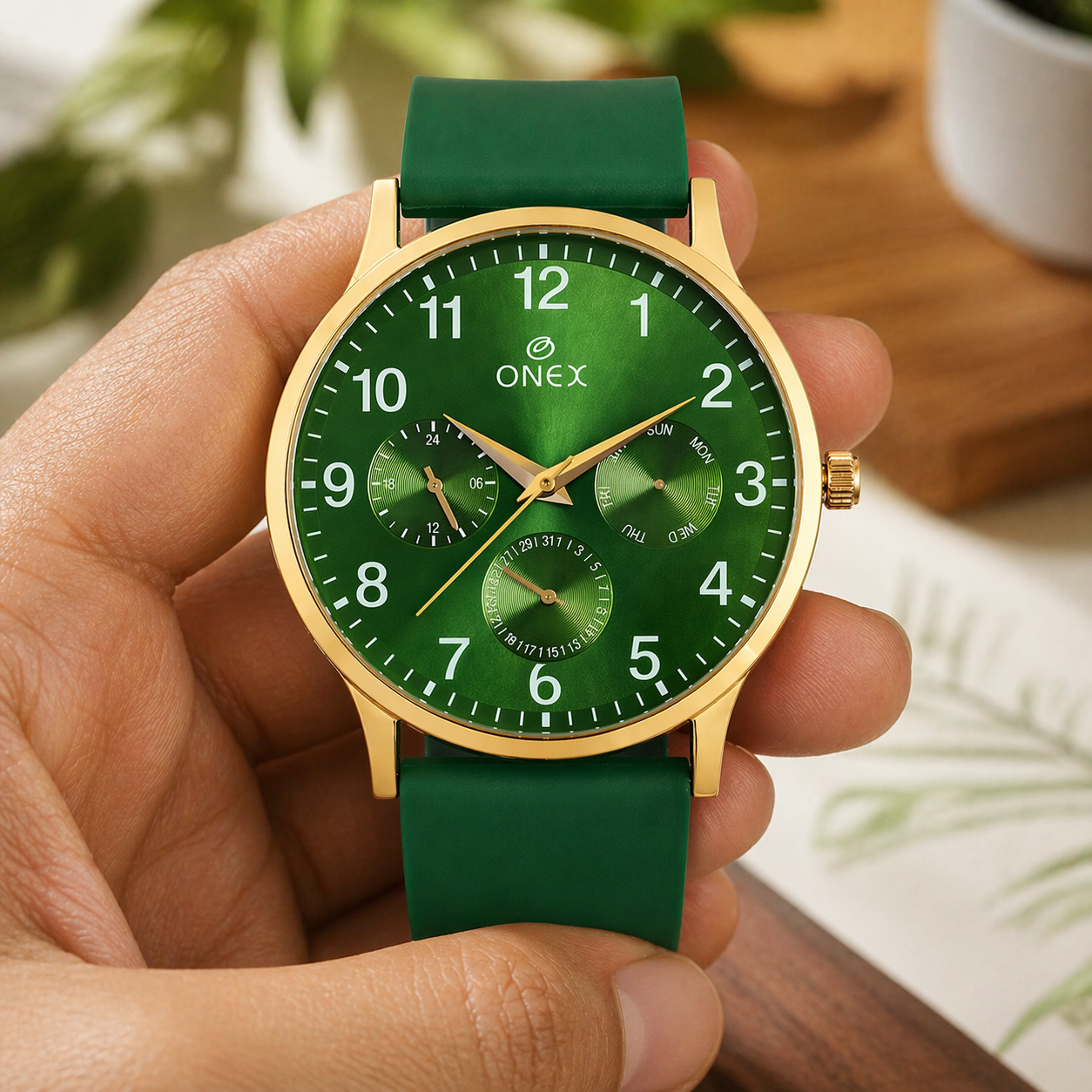 ONEX Men's Multifunction Analog Watch | Green Dial with Day-Date Display | Green Silicone Strap | Stylish Casual & Formal Wrist Watch for Men