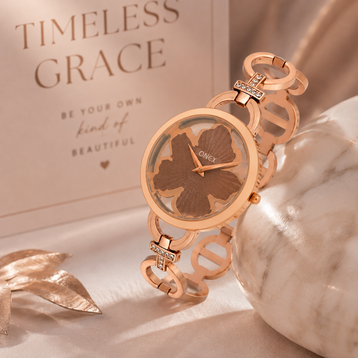 ONEX Rose Gold Women’s Bracelet Watch with Light Brown Textured Dial & Crystal Accents