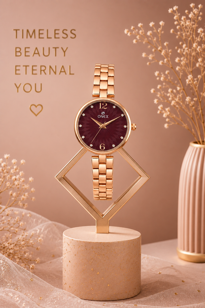 ONEX Women’s RoseGold-Tone Designer Bracelet Watch with Crystal Studded Dial Brown