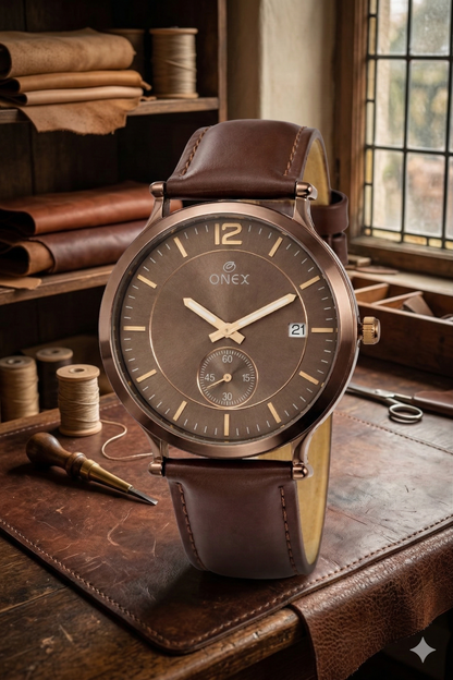 ONEX Men's Analog Watch | Brown Dial with Rose Gold Case | Brown Leather Strap | Date Display | Premium Quartz Watch for Men