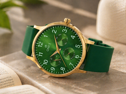 ONEX Men's Multifunction Analog Watch | Green Dial with Day-Date Display | Green Silicone Strap | Stylish Casual & Formal Wrist Watch for Men