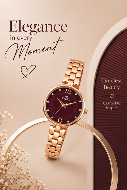 ONEX Women’s RoseGold-Tone Designer Bracelet Watch with Crystal Studded Dial Brown