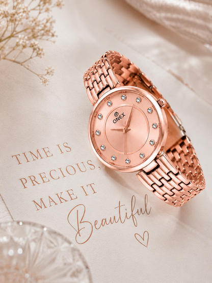 Onex Women’s Rose Gold Analog Watch with Crystal Studded Dial & Stainless Steel Bracelet
