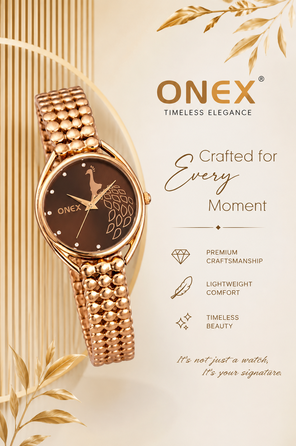 ONEX Elegant Rose Gold Bracelet Watch for Women | Stylish Brown Dial Analog Watch | Party & Daily Wear