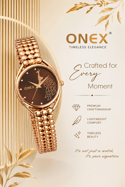 ONEX Elegant Rose Gold Bracelet Watch for Women | Stylish Brown Dial Analog Watch | Party & Daily Wear