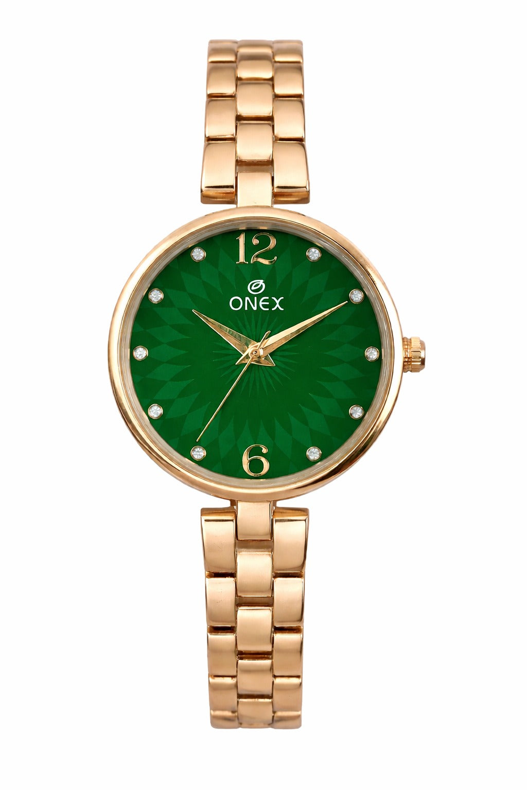 ONEX Women’s RoseGold-Tone Designer Bracelet Watch with Crystal Studded Dial Green