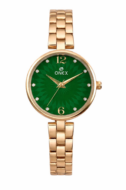 ONEX Women’s RoseGold-Tone Designer Bracelet Watch with Crystal Studded Dial Green