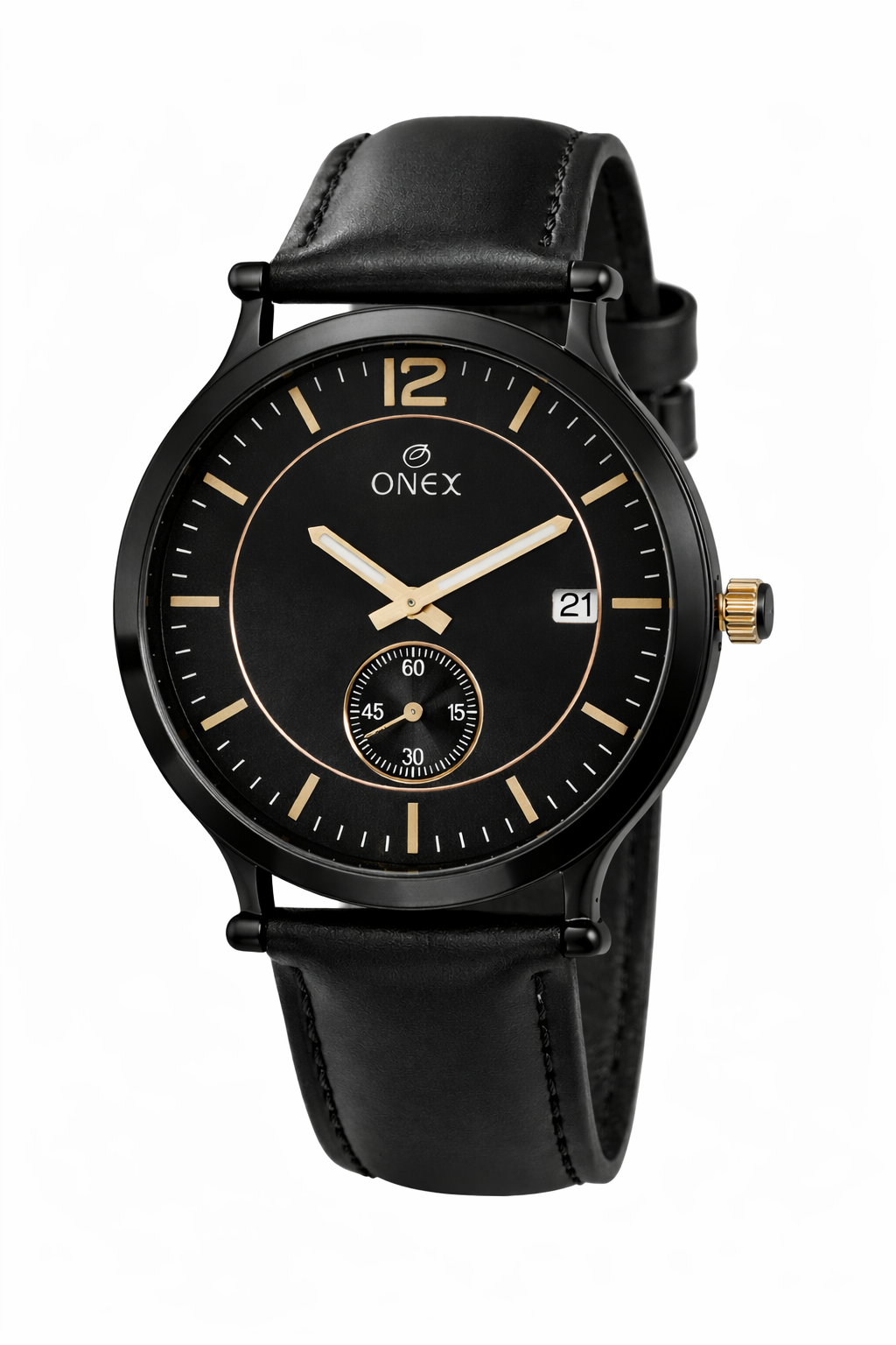 ONEX Men's Analog Watch | Black Dial with Rose Gold Case | Black Leather Strap | Date Display | Premium Quartz Watch for Men