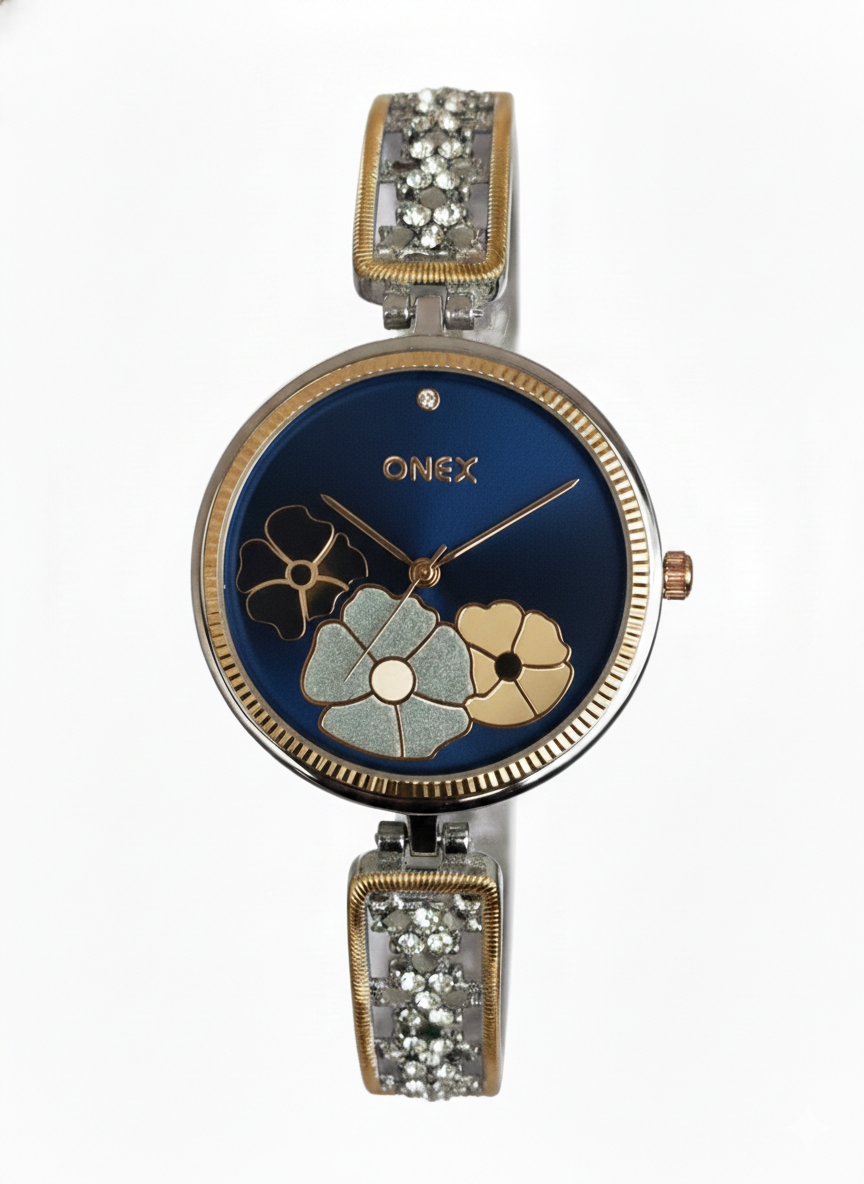 ONEX Women's Gold-Silver Floral Designer Analog Watch with Blue Dial & Crystal Bracelet | Premium Quartz Wrist Watch