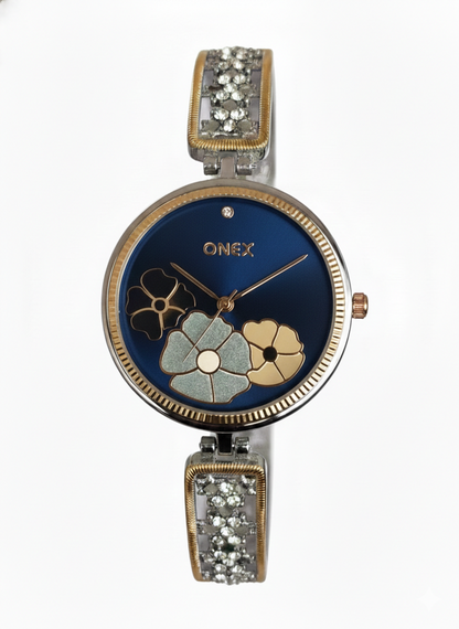 ONEX Women's Gold-Silver Floral Designer Analog Watch with Blue Dial & Crystal Bracelet | Premium Quartz Wrist Watch