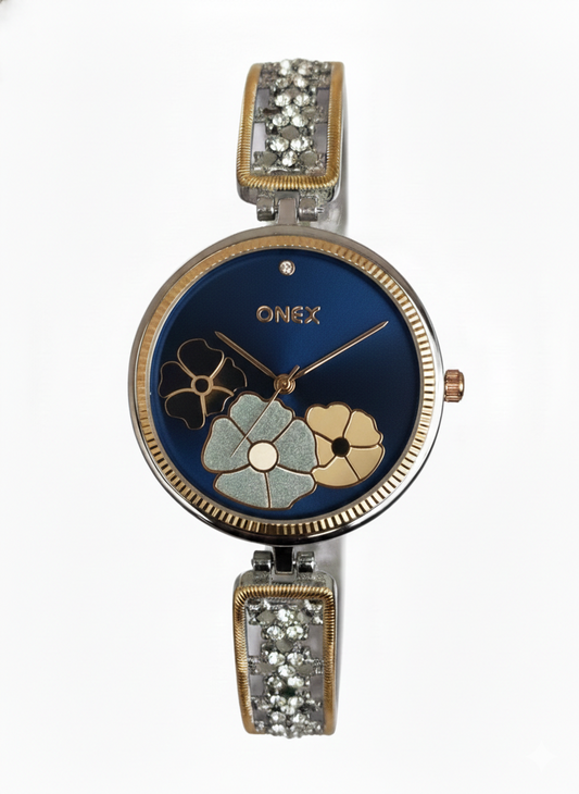 ONEX Women's Gold-Silver Floral Designer Analog Watch with Blue Dial & Crystal Bracelet | Premium Quartz Wrist Watch