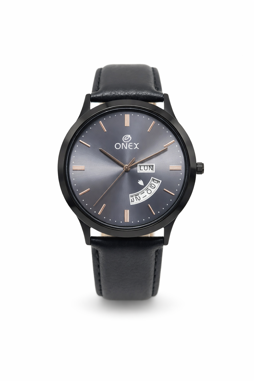 ONEX Men's Analog Watch with Day & Date Display | Grey Sunburst Dial | Black Leather Strap | Quartz Movement | Formal & Casual Wrist Watch for Men
