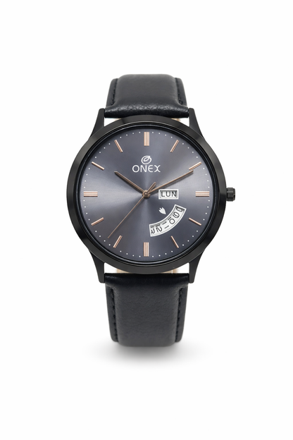ONEX Men's Analog Watch with Day & Date Display | Grey Sunburst Dial | Black Leather Strap | Quartz Movement | Formal & Casual Wrist Watch for Men