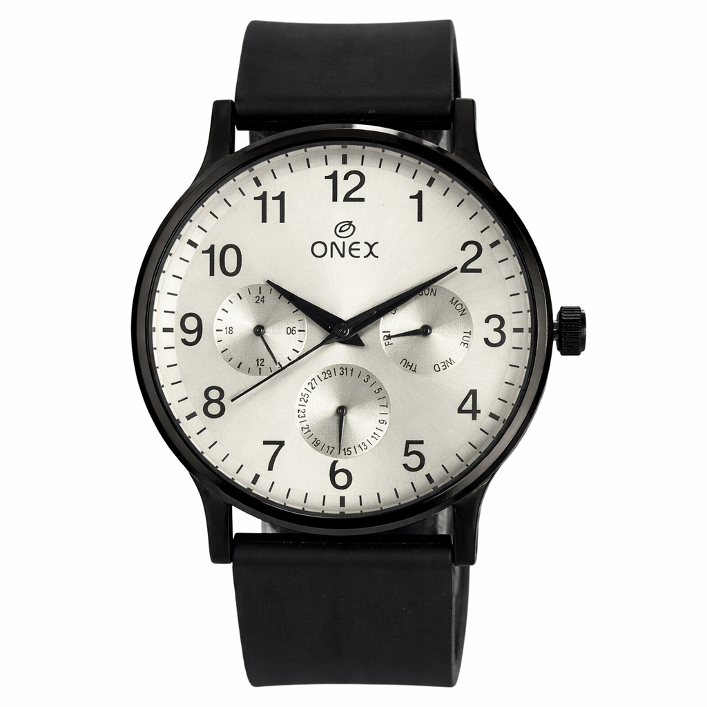 ONEX Men's Multifunction Analog Watch | Silver Dial with Day-Date Display | Black Silicone Strap | Stylish Casual & Formal Wrist Watch for Men