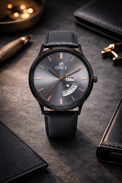 ONEX Men's Analog Watch with Day & Date Display | Grey Sunburst Dial | Black Leather Strap | Quartz Movement | Formal & Casual Wrist Watch for Men