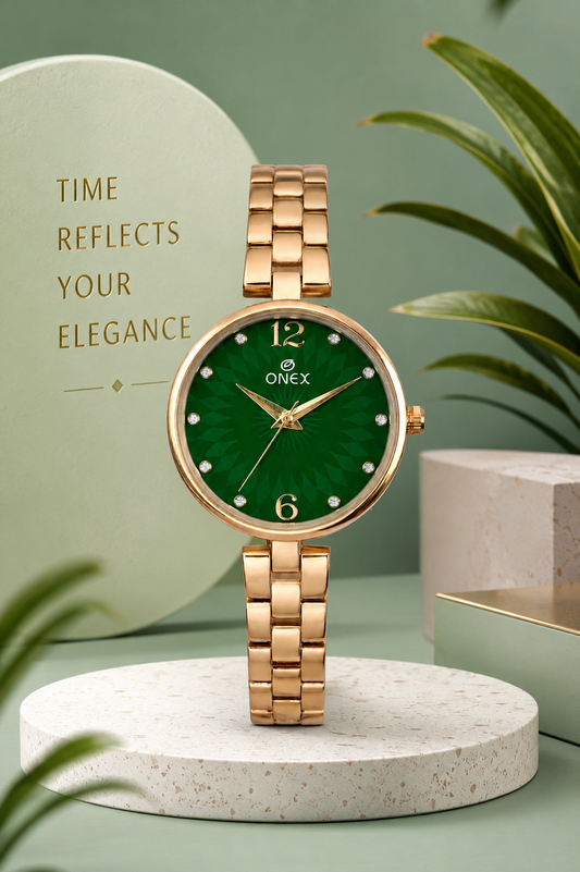 ONEX Women’s RoseGold-Tone Designer Bracelet Watch with Crystal Studded Dial Green