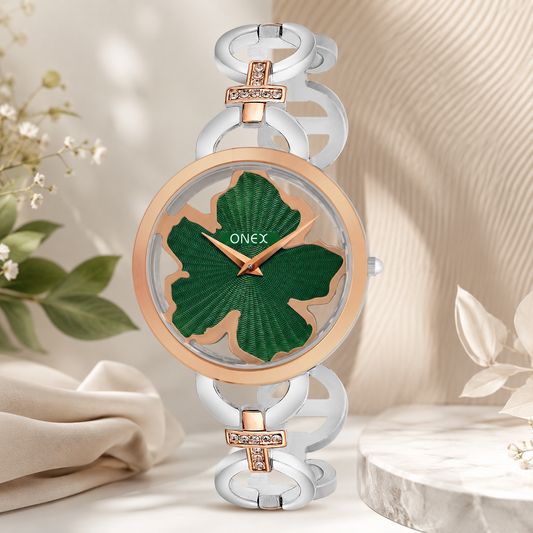 ONEX Silver - Rosegold Women’s Bracelet Watch with Green Textured Dial & Crystal Accents