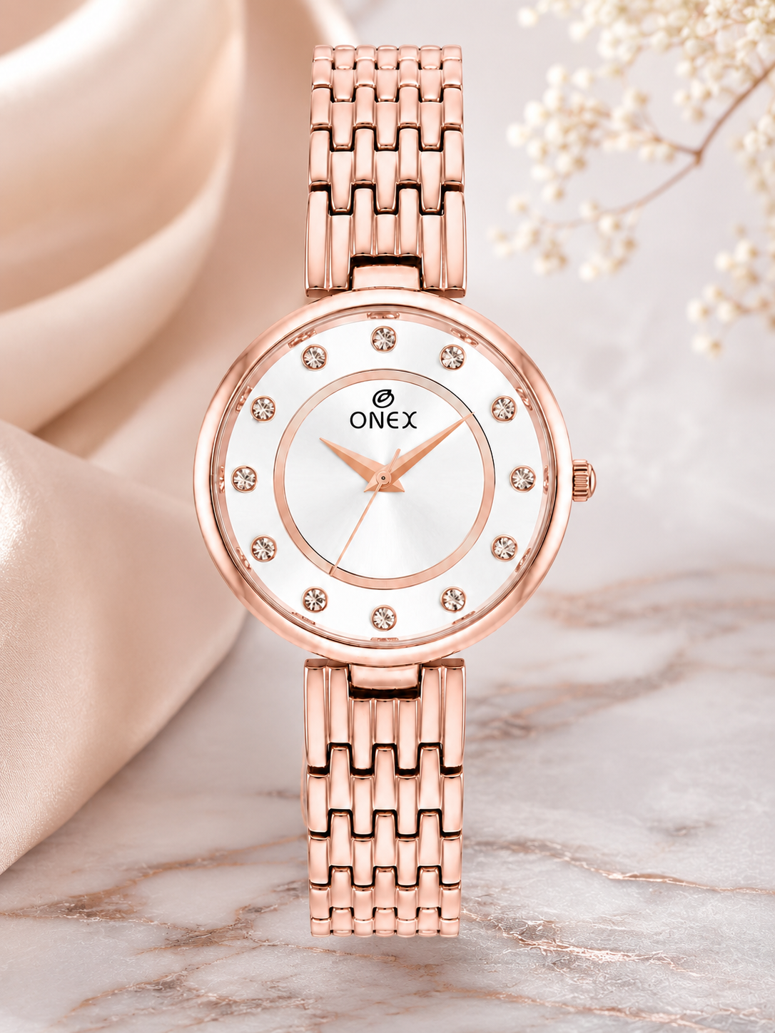Onex Women’s Silver Analog Watch with Crystal Studded Dial & Stainless Steel Bracelet