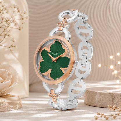 ONEX Silver - Rosegold Women’s Bracelet Watch with Green Textured Dial & Crystal Accents